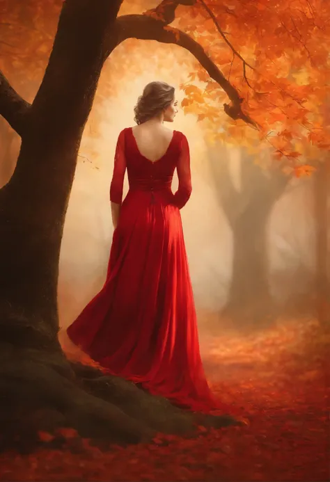 A woman in a red dress walking through a forest - SeaArt AI