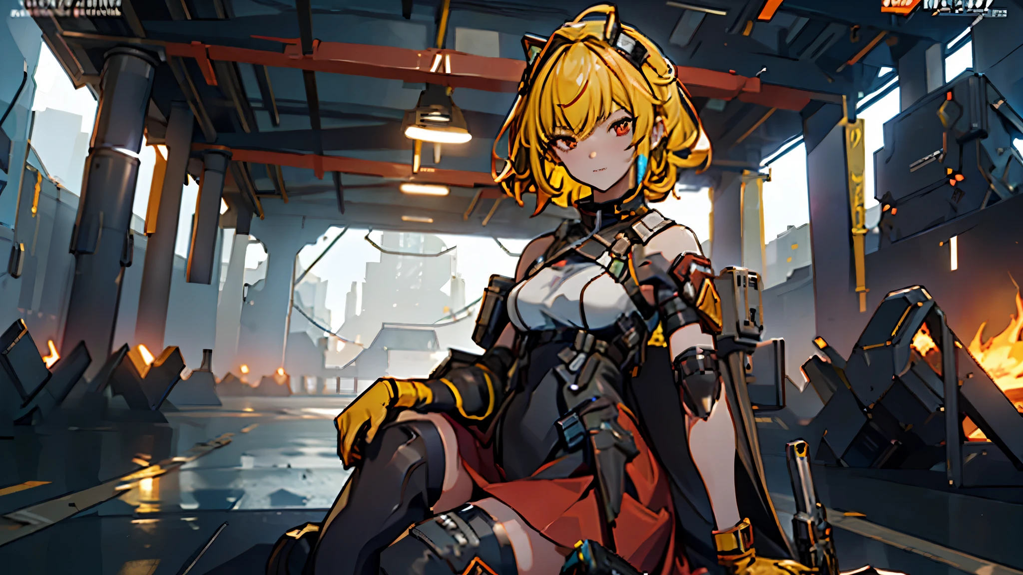 The alone young girl , short yellow hair , red eyes , white chest binder , combat suit, black skirt , high knee sock , black crown , lie down , sexy pose , shotgun , sci-fi city , Spark effect , Lightning Efect , Thunderbolt , High detail mature face, high res, ultra sharp, She stands confidently in the center of the posteghting a enemy like mechanic cyborg，a determined expression on her face。The background is dark and gritty，There is a sense of danger and a strong feeling。The text is bold and eye-catching，With catchy slogans，Adds to the overall drama and excitement。The color palette is dominated by dark colors，Dotted with bright colorake the poster dynamic and visually striking，(Magazines:1.3), (Cover-style:1.3), Fashion, vibrant, Outfit, posing on a, Front, rich colorful，Background with，element in，self-assured，Expressing the，halter，statement，Attachment，A majestic，coil，Runt，Touching pubic area，Scenes，text，Cover of a，boldness，attention-grabbing，titles，Fashion，typeface，，Best quality at best，Hyper-detailing，8K ，hyper HD