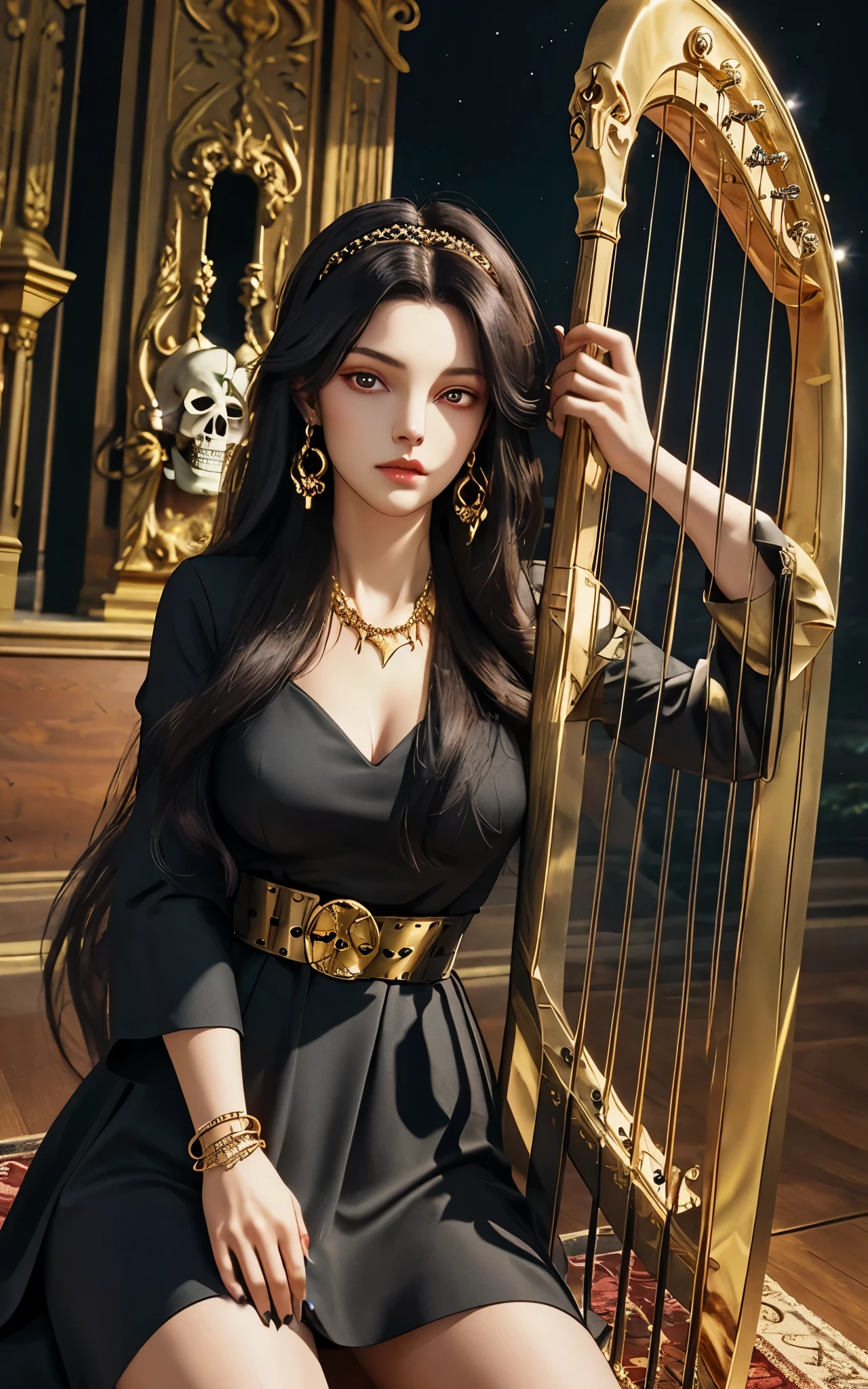 1 girl, solo, details, masterpiece, best quality, photorealistic realism, beautiful girl, long hair, black hair, skull headband, gold earrings, red eyes, beautiful face, skull necklace, perfect body, large breast, open chest, black long dress, skull bracelet, gold earrings, gold belt, musical instrument, harp, sit on ancient chair, dark sky, dark temple,
