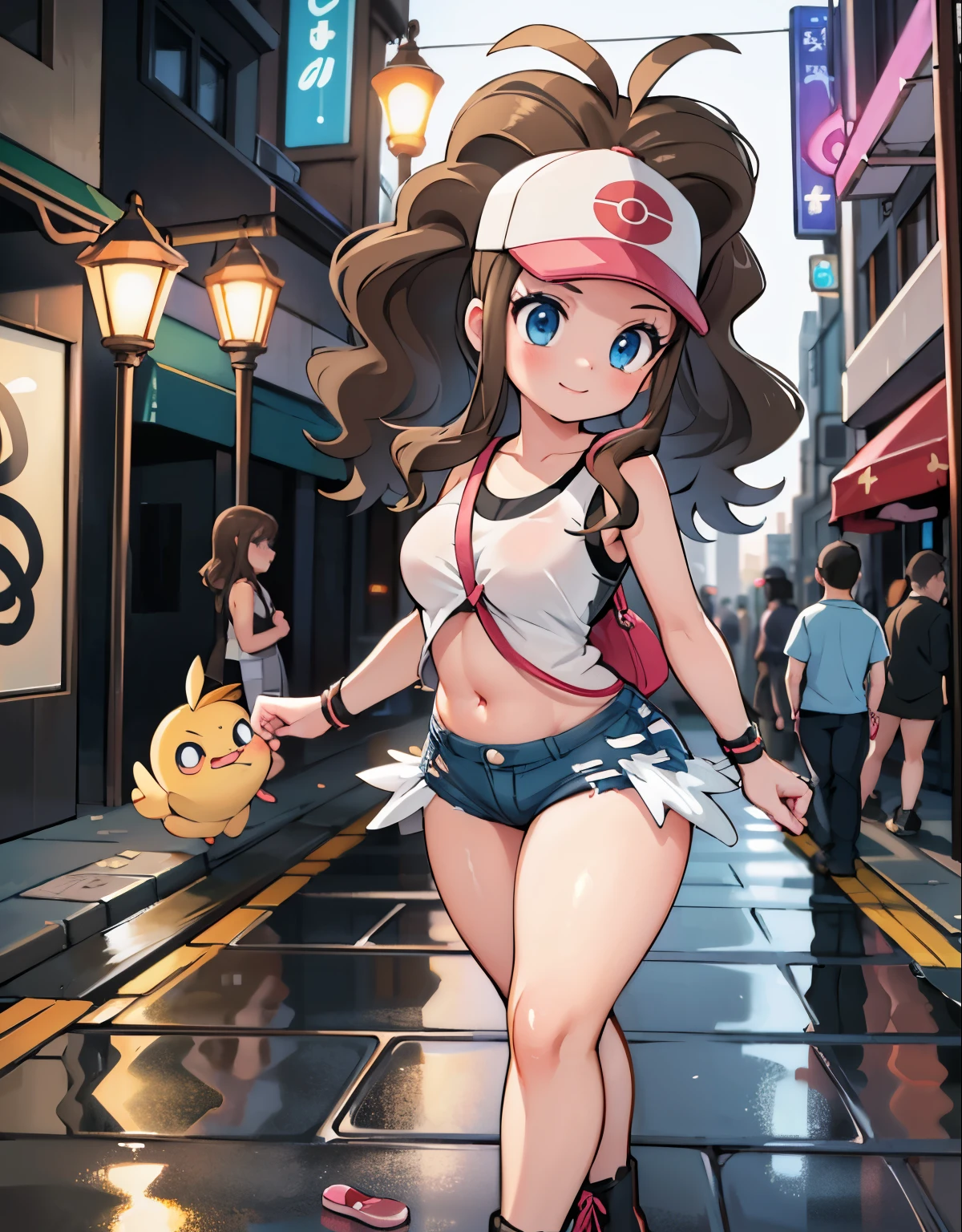 (best quality, highres, masterpiece:1.2), ultra-detailed, realistic:1.37, sketches, hilda pokemon, def1, curvy girl, legs together, curvy, visible thighs, chubby thighs, thighs in the foreground, fishnet, fishnets, pantyhose fishnet, body shape, walking, holding a cellphone, Alone in the alley， Neon lights in the alley， Very reflective city, dirty place, beer bottles, trash on the floor, graffiti on the wall, watched by a crowd of men, they observe her body, vibrant colors, nervous look, fearful, afraid, timorous smile, looking_at_viewer, bis ass, wide hips, hero view, she tries to hide her thighs with her hands