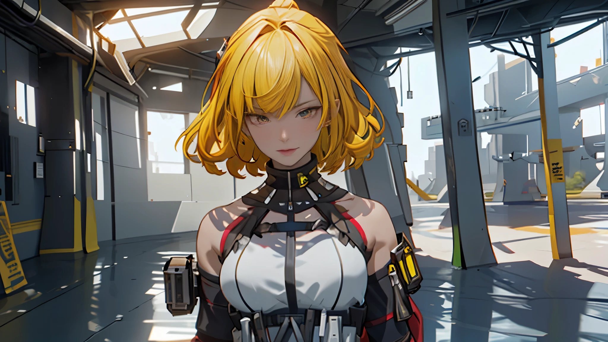 ((Best quality)), ((masterpiece)), (detailed:1.4), 3D, an image of a beautiful cyberpunk female, short yellow hair, red eyeys,HDR (High Dynamic Range),Ray Tracing,NVIDIA RTX,Super-Resolution,Unreal 5,Subsurface scattering,PBR Texturing,Post-processing,Anisotropic Filtering,Depth-of-field,Maximum clarity and sharpness,Multi-layered textures,Albedo and Specular maps,Surface shading,Accurate simulation of light-material interaction,Perfect proportions,Octane Render,Two-tone lighting,Wide aperture,Low ISO,White balance,Rule of thirds,8K RAW,