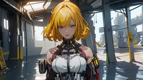 ((Best quality)), ((masterpiece)), (detailed:1.4), 3D, an image of a beautiful cyberpunk female, short yellow hair, red eyeys,HD...