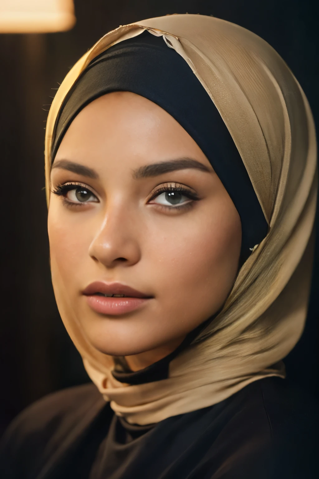 A woman wearing a black top and a tan hijab - SeaArt AI