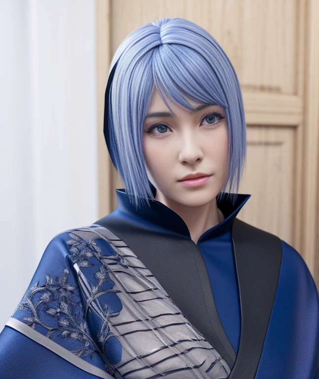 young woman, pale skin, short blue hair with side bangs, almond eyes, thin lips, black akatsuki cape, Konan, realism, 3d
