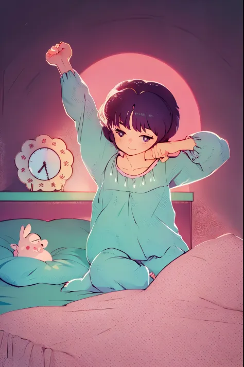 anime girl waking up in bed with piggy bank and clock in the background, pose (arms up + happy), by Rumiko Takahashi, anime poster, Ranma 1/2 anime style, waking up, omori, wearing a nightgown, in detailed anime style, illustration anime, super detailed, b...
