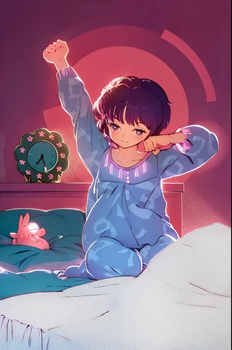 anime girl waking up in bed with piggy bank and clock in the background, pose (arms up + happy), by Rumiko Takahashi, anime poster, Ranma 1/2 anime style, waking up, omori, wearing a nightgown, in detailed anime style, illustration anime, super detailed, b...