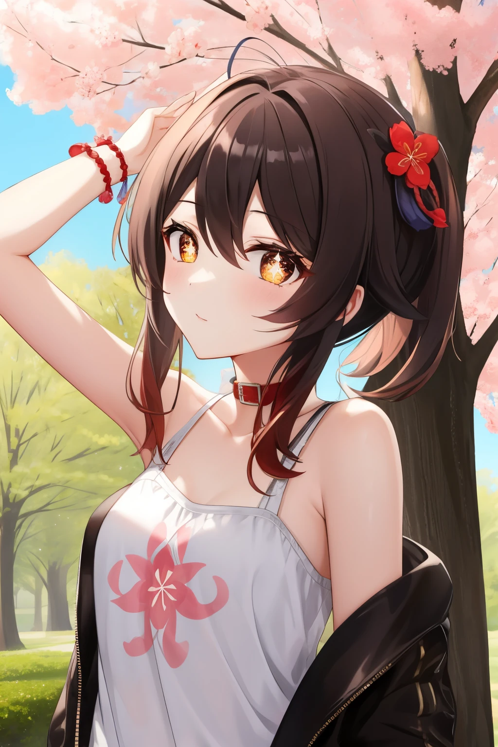 HuTaoV4,1girl,solo,short hair, off shoulder, collar bone, look at viewer, perfect fingers, armpit peek, Beautiful flowers bloom, (sparkles), (There is a blooming sakura)，standing under a tree, (head looking up), Look at the tree, Natural soft light, macaron, Still ethereal, Crisp and smooth lines, radiant morning light, soft luminescent glow, casual clothes, jacket, hood