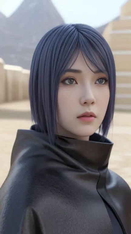 young woman, pale skin, short blue hair with side bangs, almond eyes, thin lips, black akatsuki cape, Konan, realism, 3d
