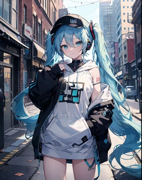 masterpiece,Hatsune Miku,alone,long hair,blue hair,headphone，hoodie,off shoulder:1.2, mob cap, street,put your hand on your wais...
