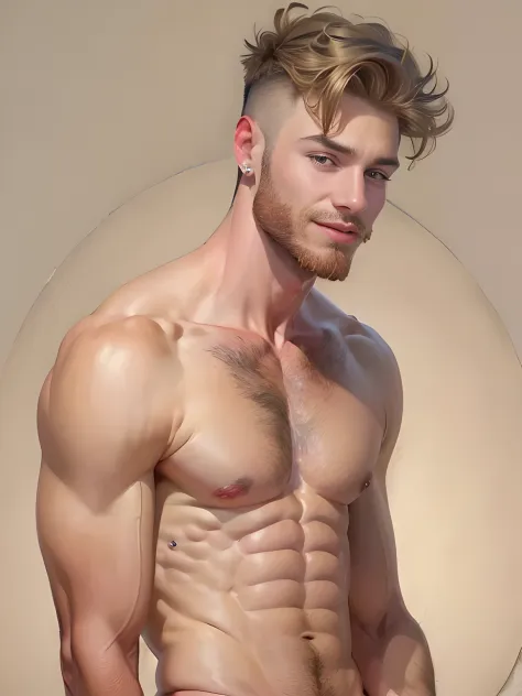 ((Top Quality, 8k, Masterpiece: 2), fit teen boy shirtless, big in transparant white briefs, hairy chest::1.7, spread legs, showing his pussy, crew cut, armpit, masculine shape, masculine, rough, raised , sexy, correct anatomy::, beard::1.5 honey-colored e...
