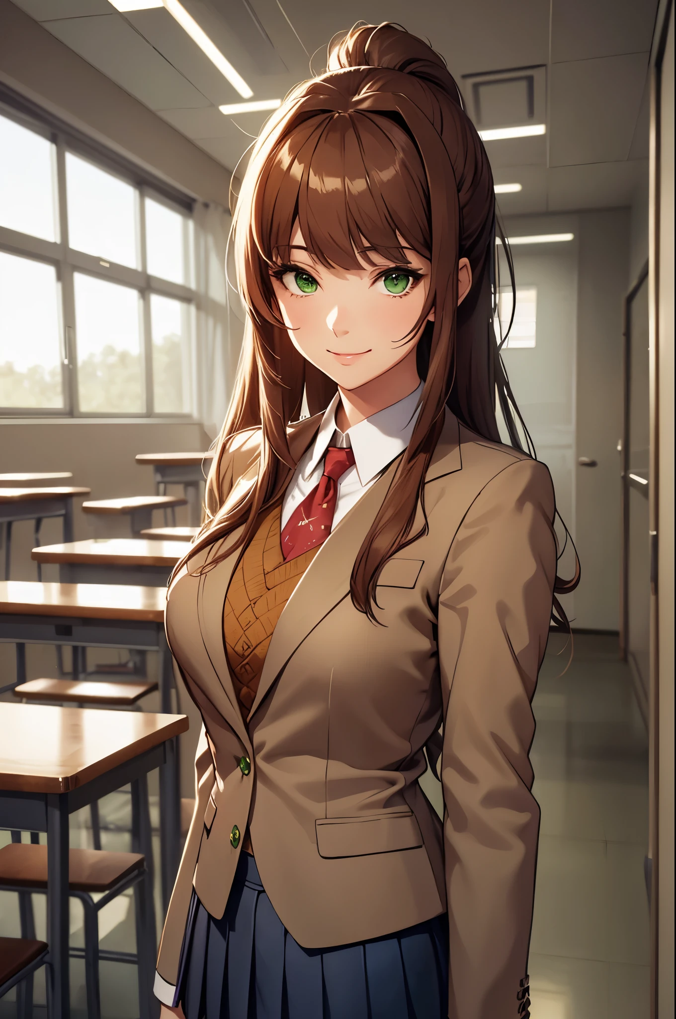 (masterpiece), best quality, expressive eyes, perfect face, highres, 1 girl, solo, (big body:1.2), adult, ddlcmonika, blunt bangs, brown hair, (green eyes:1.5), long hair, ponytail, ribbon, white ribbon, hair ribbon, sidelocks, black thighhighs, blue skirt, brown jacket, jacket, long sleeves, mary janes, over-kneehighs, pleated skirt, school uniform, shoes, skirt, thighhighs, zettai ryouiki, smiling, indoors, classroom background, stanidng,(upper body portrait:1.2), looking at the viewer,
