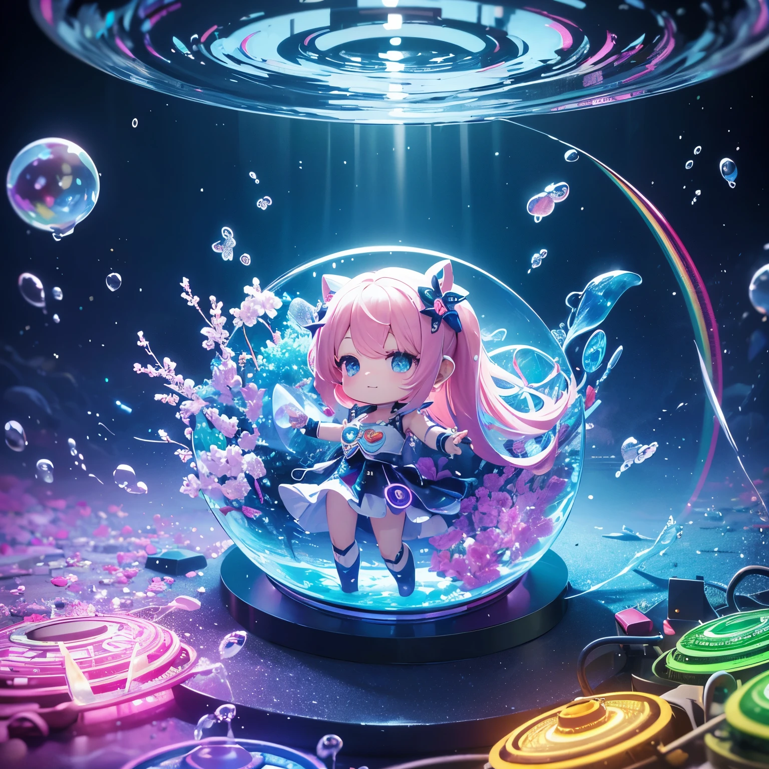 best quality, 32k, RAW photo, incredibly absurdres, extremely detailed, AI partner, (chibi, super deformed, full body, 3D), round aquarium filled with water, a cute chibi girl swimming in it, iridescent bubble, wall full of gears and electronic components that emit rainbow colors, rainbow colors neon line light, delicate, flashy and dynamic depiction, 3D, fantasy, professional lighting