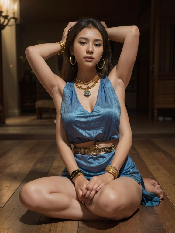 Dslr photo, (extraarms:1.2), (8k, 4k, masterpiece),beautiful pretty older filipina asian woman, mysterious, hippie, bohemian, indoors, tent, night, dark blue gold patterned clothes, sleeveless, bracelets, arm bands, head scarf, headband, hoop earrings, necklace,sultry, blurry background, (upper hands on head), (lower hands on knees), (lower hands on floor), (lower hands holding glowing crystal ball), (elbows out), arms fully extended, dynamic, full subject in frame, full body view, thighs, sitting cross legged on floor, facing viewer, (extraarms:1.2), four arms