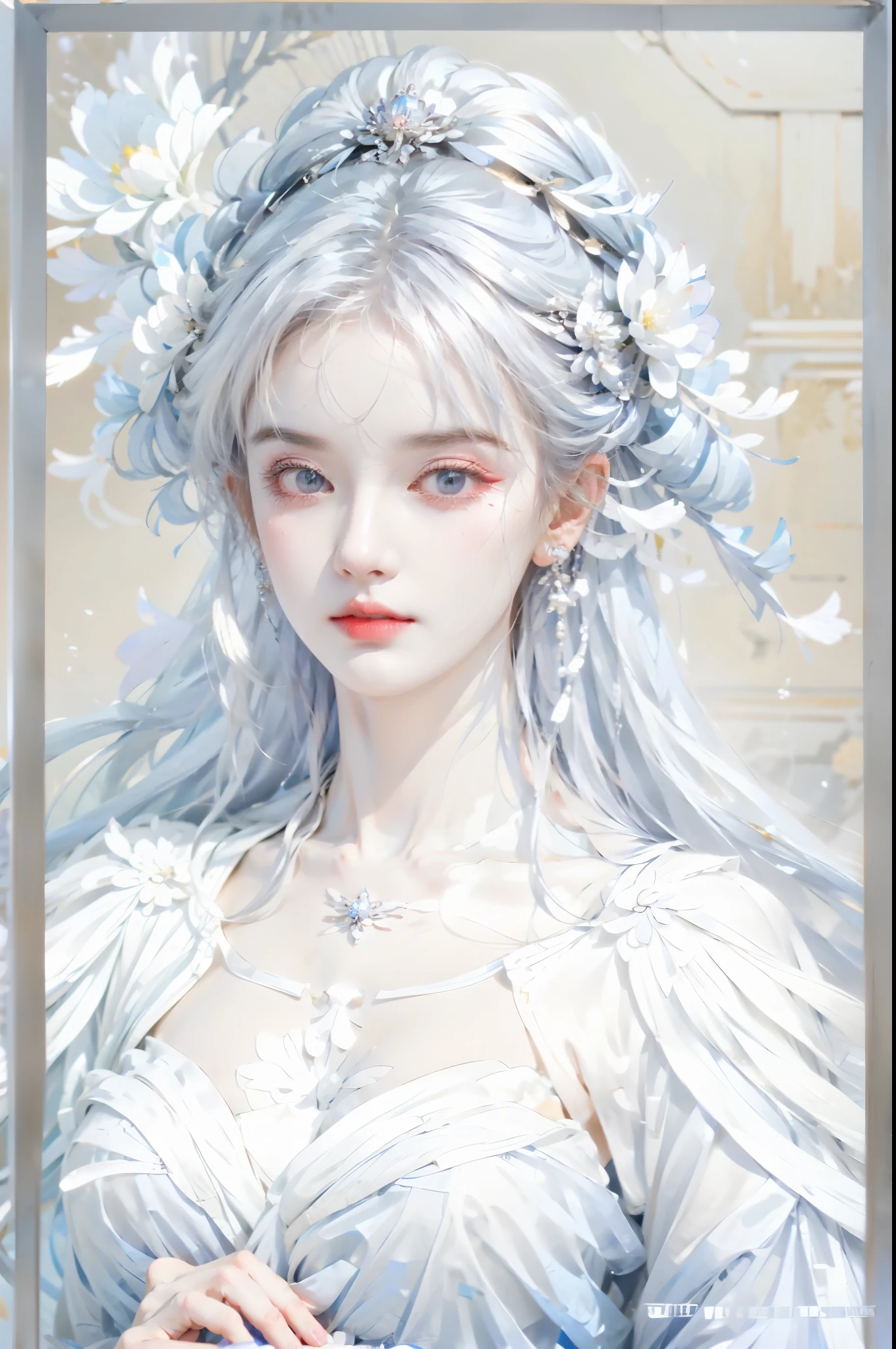 Anime girl with white hair, blue clothes and white flowers, White-haired God, ((beautiful fantasy queen)), Detail of long white hair, beautiful fantasy queen, a silver painting, porcelain white skin, Inspired by Qiu Ying, fair skin, Inspired by Ma Yuanyu, beautiful youth spirit, white haired lady, ethereal beauty