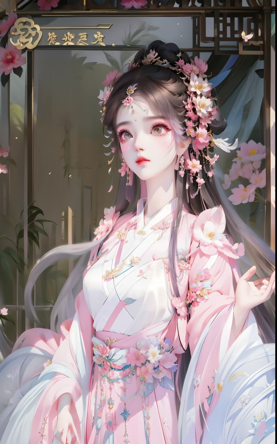 Wearing a pink dress、Anime girl with flowers in her hair, beautiful fantasy queen, ((beautiful fantasy queen)), palace ， A girl wearing Hanfu, full body xianxia, Inspired by Qiu Ying, Inspired by Ma Yuanyu, Inspired by Tang Yifen, xianxia fantasy, Inspired by Huayan, Inspired by Huang Ji