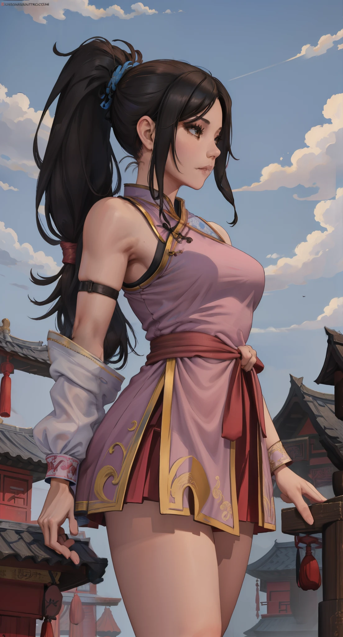 Paichang, ponytail , blue ribbon, brown eyes, long hair, black hair,
Standing in Kungfu pose, alone , Upper body,
hip, 
cowboy shot, 
light pink chinese clothes, pink obi, super mini skirt, sleeve less, white panties、
blue sky, cloudy, evening,
(Extremely detailed, beautiful detailed face, masterpiece, highest quality 