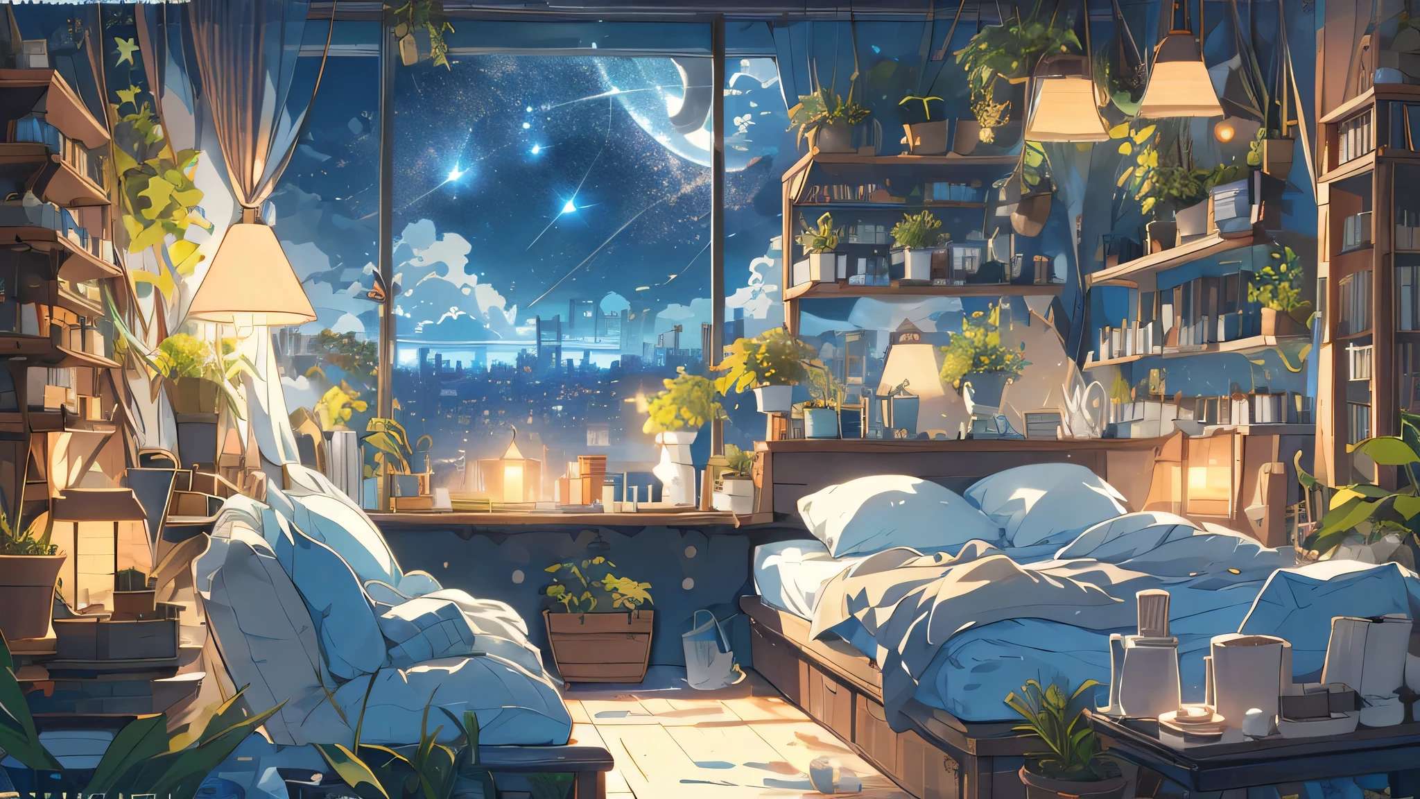 (masterpiece:1.2), best quality,pixiv,cozy animation scene,
eyesight, night, window, no humans, sky, plant, night sky, pillow, cityscape, bed, star (sky), books, a chair, cloud, booksShelves, city, lamp, building, inside, potted plant, starry sky, city lights, curtain, copyright name, artist name, skyscraper, Shelves, bedroom, watermark, border
 