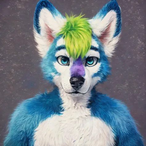 anthro husky man furry detailed fur long fur long hair realistic fur digital art, arafed dog with a green and blue mohawk on its...