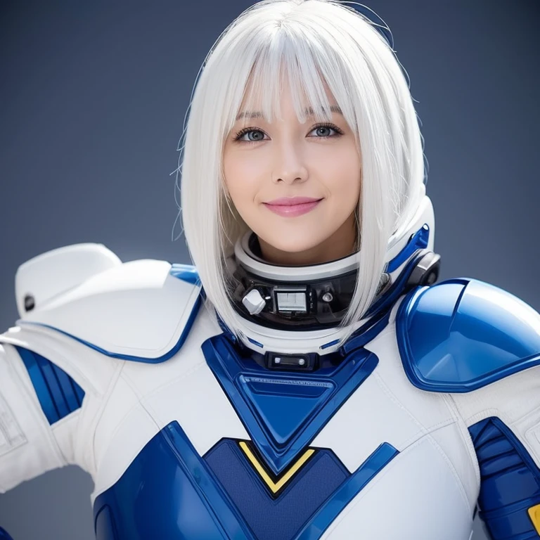 best quality, ultra high resolution, (realism: 1.4), depth of field, pretty face, (pure face_v1: 0.8), Half body, | | 1 girl, medium bust, (white hair: 1.3), innocent smile, natural makeup, | | | model pose, | | (space suit: 1.3), (blue colored armor: 1.3), Beautiful design, | | space background, Star_(Sky), moonlight, night, | |
