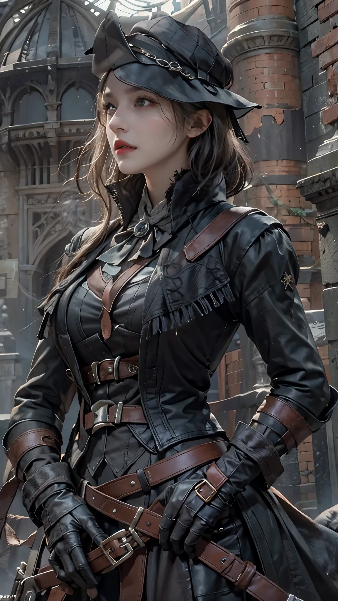 lifelike, high resolution, soft light,1 female, alone, Buttocks up, look at the audience, (Detailed face), Bangs, edgBB, black gloves, belt, coat, torn clothes, Capulet, handguard, Vambraces, black Capulet, hunters (Bloodborne curse), Woman in edgBB_full outfit, outdoor, gothicarchitecture, jewelry
