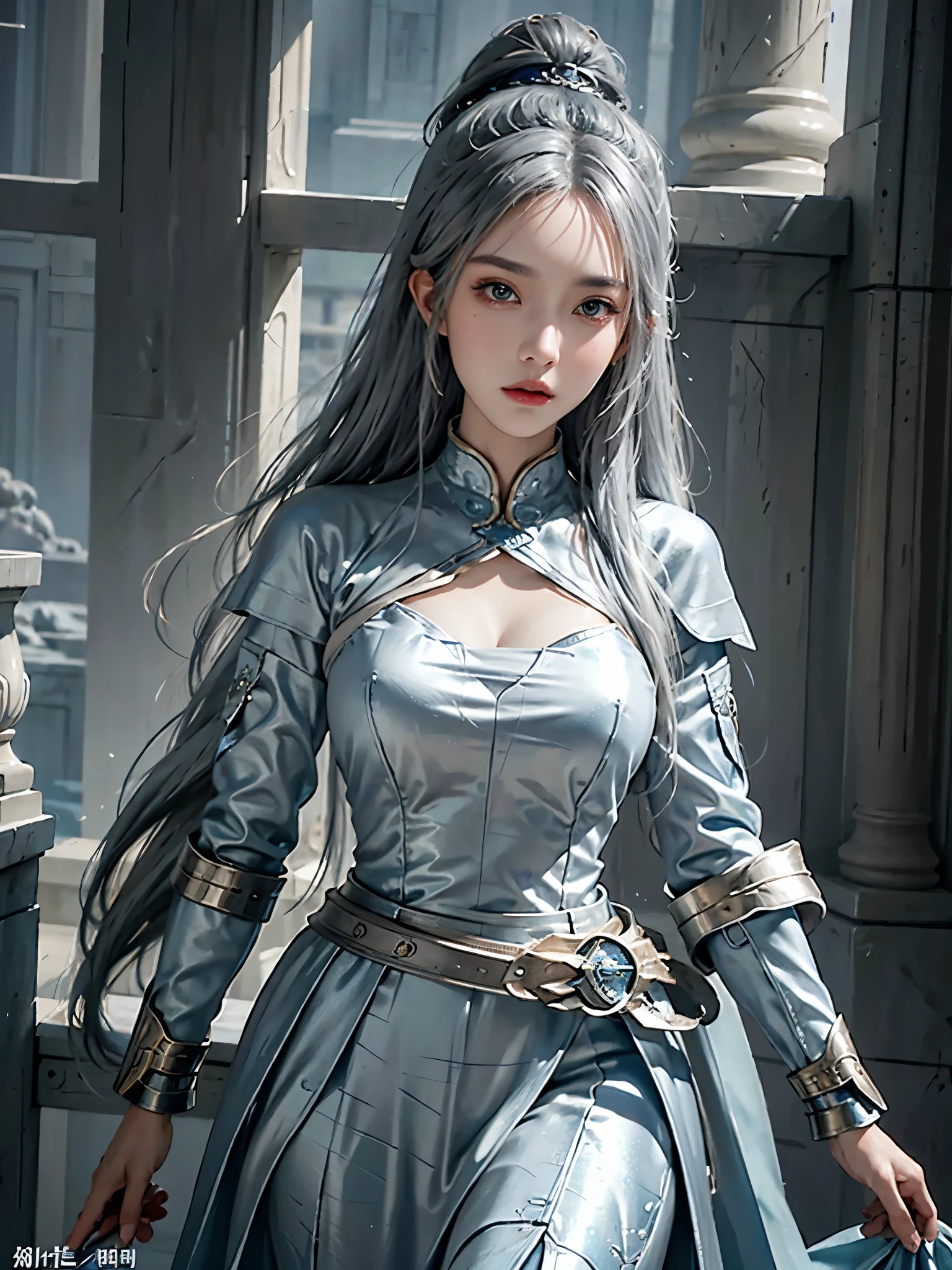 身穿银色和蓝色连衣裙的女性的特写, 潘成伟在 artstation 上, 作者：Yang Jie, 详细的幻想艺术, 令人惊叹的人物艺术, 最佳粉丝艺术网站, 史诗般美丽的人物艺术, 漂亮的盔甲, 极其详细的 Artgerm, 详细的数字动画艺术, artstation pixiv 上的 artgerm, 铠甲少女