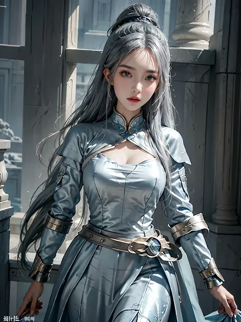 a close up of a woman in a silver and blue dress, chengwei pan on artstation, author：Yang Jie, detailed fantasy art, Stunning ch...