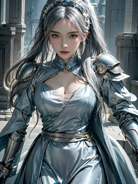 a close up of a woman in a silver and blue dress, chengwei pan on artstation, author：Yang Jie, detailed fantasy art, Stunning ch...