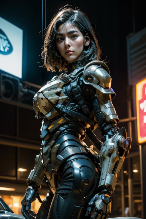 extremely detailed CG unity 32K wallpaper, top quality, masterpiece, raw photo, photorealistic, highest resolution, professional photo, dynamic, cinematic lighting, (cyberpunk:1.4), science fiction, sharp focus, depth of field, (perfect body, correct anatomy:1.5), intricately detailed face, expressive face, POV, (from front:1.3), 1 girl, Japanese woman, ((female soldier:1.3)), mecha-musume, ((solo:1.2)), (cowboy shot:1.1), black hair, very short hair, ultra-realistic skin, detailed skin, tan, dark and bright eyes, highly detailed nose and lips, expressive face, expressionless, ((camouflaged, combat uniform:1.2)), slender, medium breast, (perfect body proportion:1.5), (correct body proportion:1.3), ((powered suit, mechanical body armor, highly weaponized body:1.4)), (((jetpack is mounted on the back of the powered suit:1.5))), in combat with hostile army, (((flying by using the jetpack:1.4))), (((holding a blaster rifle, aiming at enemy position:1.2))), (((outdoor, vandalized city, ruins of buildings, noon:1.3)))