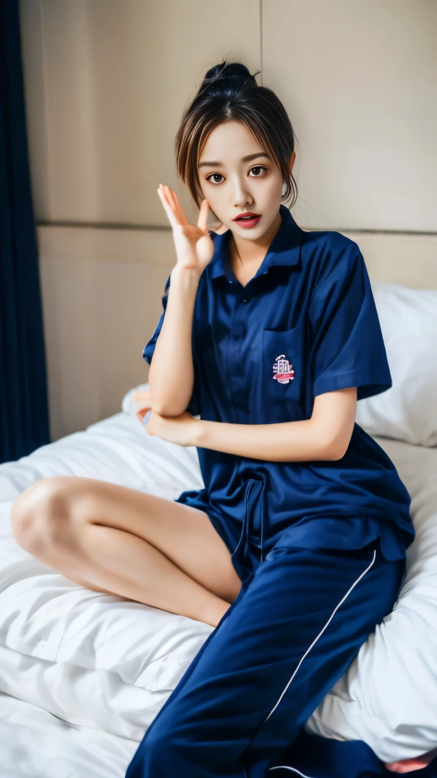 A woman sitting on a bed wearing a blue shirt and pants - SeaArt AI