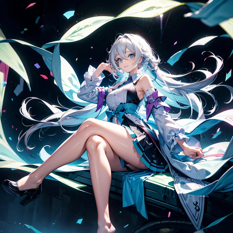 Hatsune Miku、(ultra réaliste), (Une illustration), (haute résolution), (8k), (très détaillé), (La meilleure illustration), (beaux yeux détaillés), (meilleure qualité), (Super détaillé), (Maîtrisez la paix), (fonds d&#39;écran), (visage détaillé), seulement, 1fille, Robes aristocratiques、cheveux blancs, Iris yeux hétérochromatiques, petits grains de beauté sous les yeux, poitrine moyenne, Longues jambes,superbe composition,Tresses de pieds,Jambes belles et détaillées 