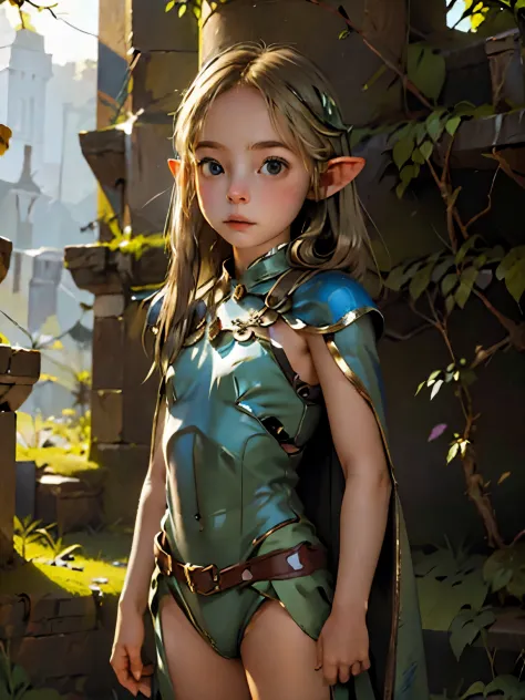 (high definition) 1 Girl, alone, elf girl in armor, elven girl, elf, armor, and medieval clothing, a crown in the cave, cape, ancient Greek ruins,
