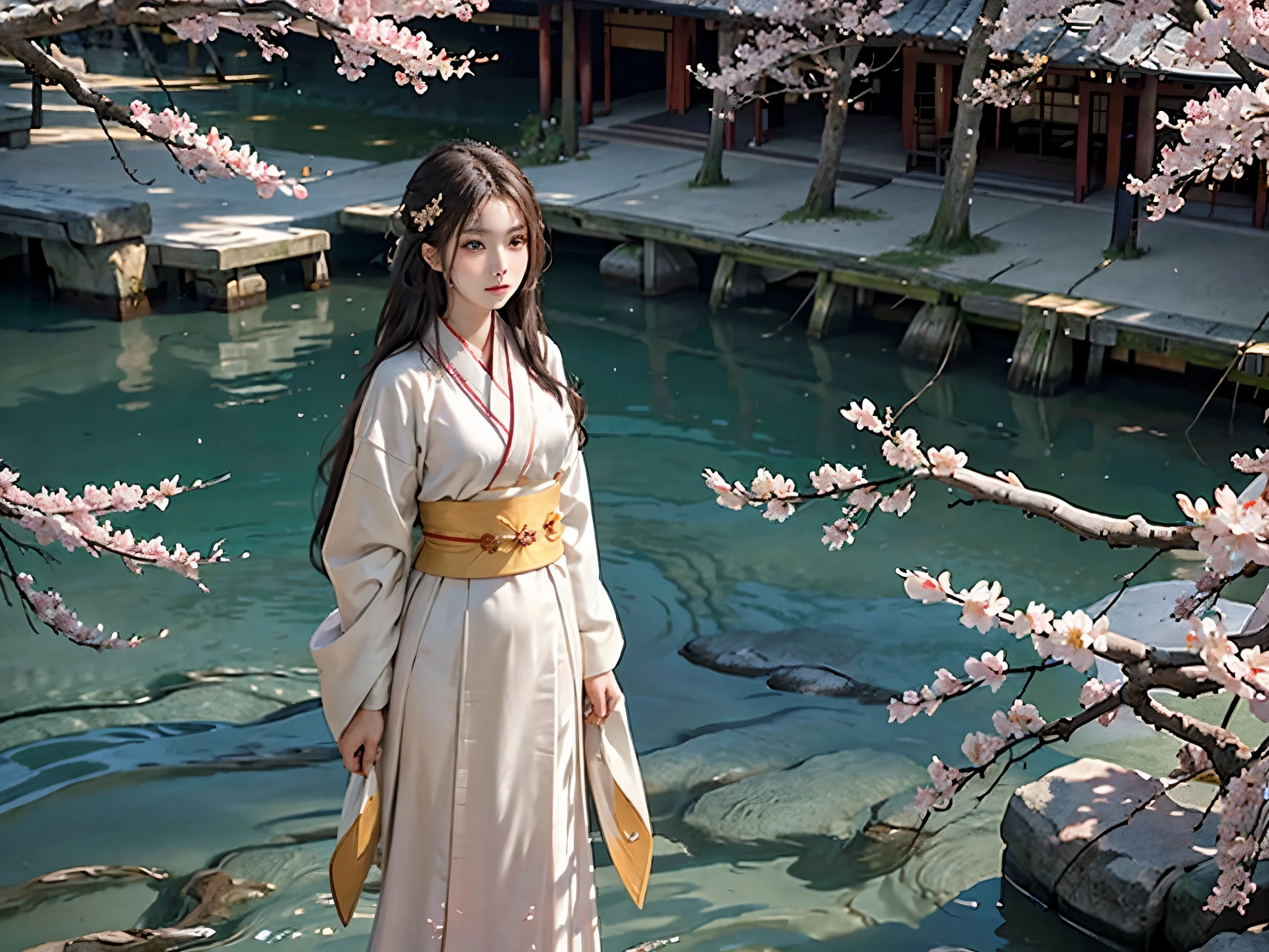 Asuna, masterpiece, best quality, detailed, (1 girl), alone, detailed golden eyes, long hair, permanent, close to viewer, (detailed kimono), faint smile, medium breasts,  (Put your arms behind your back), water, Sunset, (hair accessories), (cherry blossoms in bloom),  Snowy mountains and lake in the background