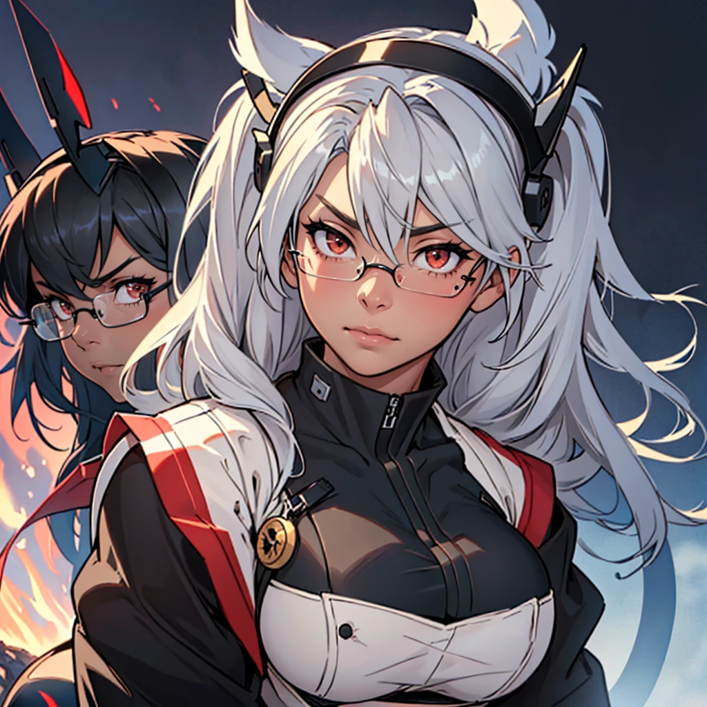 beautiful, masterpiece, highest quality, Detailed image, (musashi_Kantai Collection:1.15), (musashi_Kantai Collection -KanColle- Close-up), (((bust portrait:1.5))), (1 logic肉少女:1.4), (Female Bodybuilders:1.3), (logic_slut:1.1), (tall woman) , logic肉, logic肉, (logic肉質な体:1.1, logic肉質な腹logic:1.1, logic肉のウエスト:1.1 logic肉質な脚:1.1, logic肉質の腕:1.1, the whole body is thick:1.1), (toned body:1.1), (huge ass:1.1), (Smooth black skin:1.1), (very cute face:1.2, very cute face:1.2, very rounded jaw:1.2), (Brown woman, black skin, Glasses, super long hair, silver hair, twin tails, hair between eyes, headgear, huge breasts, long eyelashes, silver eyebrows, red eyes, half rimless Glasses, black nails), anger, embarrassment,  (capelet, (white loincloth 1.1), black stockings, exposed white bandage), (background, military base, military complex)