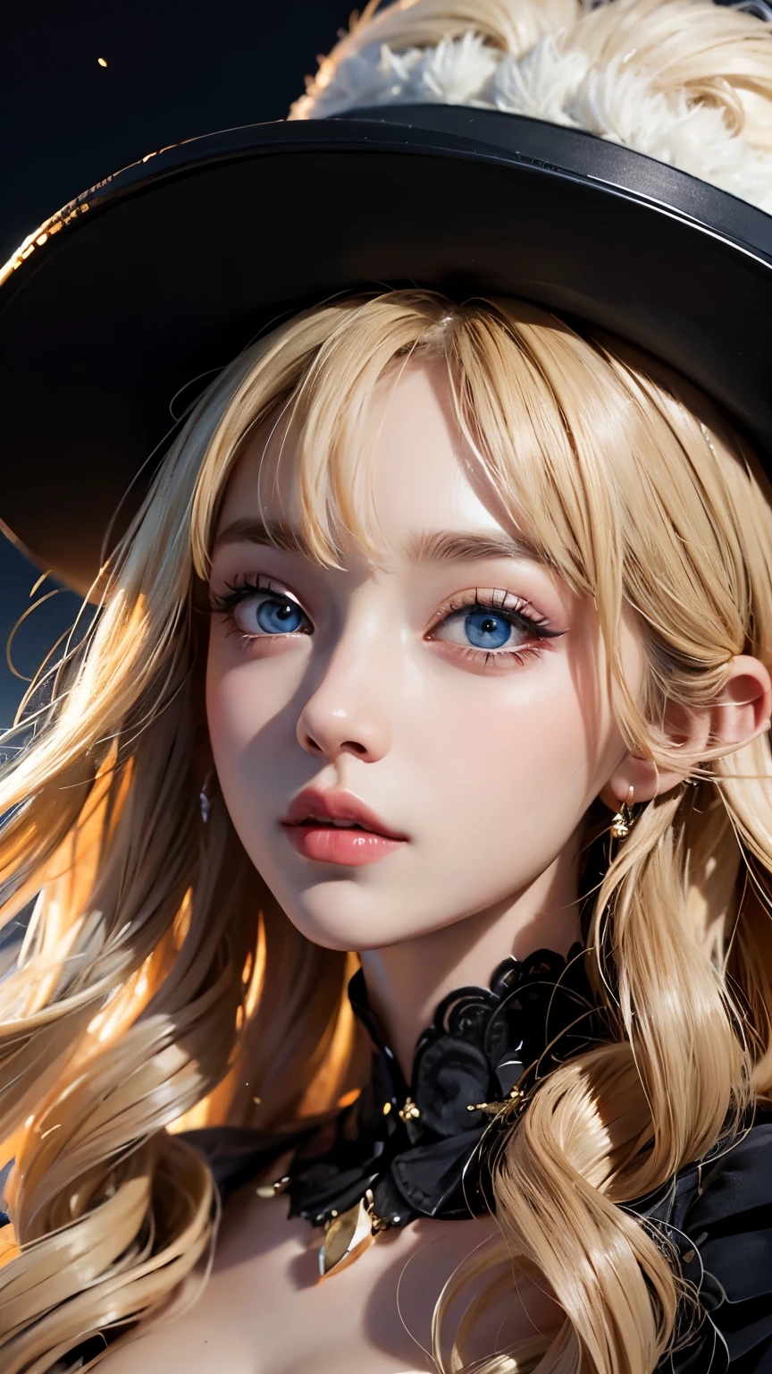 Huge moon in night sky as background，There is a girl in front of the moon，Close-up of girl，blond，blonde，very long hair，curls，Nice hat，blue eyes，long eyelashes，Cold expression，huge ，Very deep cleavage，Wear loose pajamas，8K portrait rendering,（fidelity，fidelity：1.4），best quality ,masterpiece, illustration, extremely delicate and beautiful, Very detailed