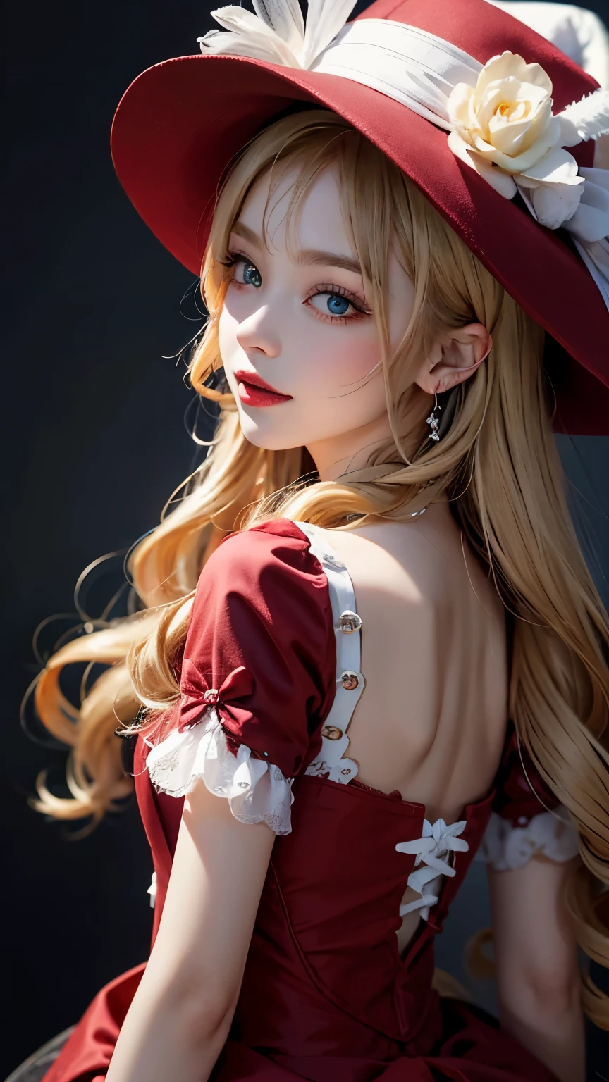rose girl, Smile brightly，Crimson, toy doll, Transparent white skin, shiny blonde curls, High image quality, HD, transparency, Clear, Upper body, Gothic dress in red velvet fabric, Cobalt blue eyes，Nice hat