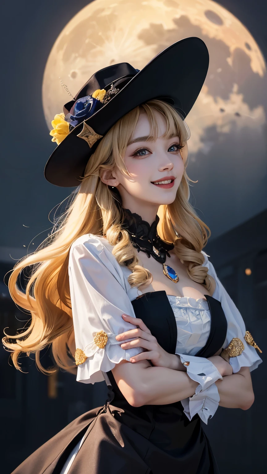 moon background，maid outfit, black and white art, His style, hunter's eyes, masterpiece, best quality，blonde hair, blue eyes，sparkle in eyes，long golden hair，huge ，Nice hat，mischievous laugh