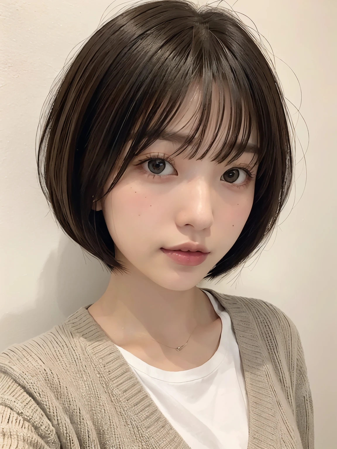 20th generation Japanese women、bob hair with movement、wearing a black cardigan、Taken in front of a white wall、Inside a white walled room with a window、light bob、brown hair、average face of a japanese woman