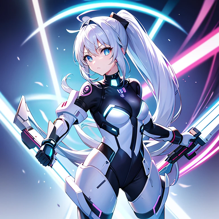 Full body cyber girl with ponytail. ariana grande face. Bright white color indicating she is Cyber Girl Whit Laser Rifle. white eyebrows. catsuit-like clothes. she also、has bright blue eyes. The environment is like the terminator. hair is platinum. She is illuminated with a bright blue color on one side of her face. guided like.  There are also LED lights on both hands..