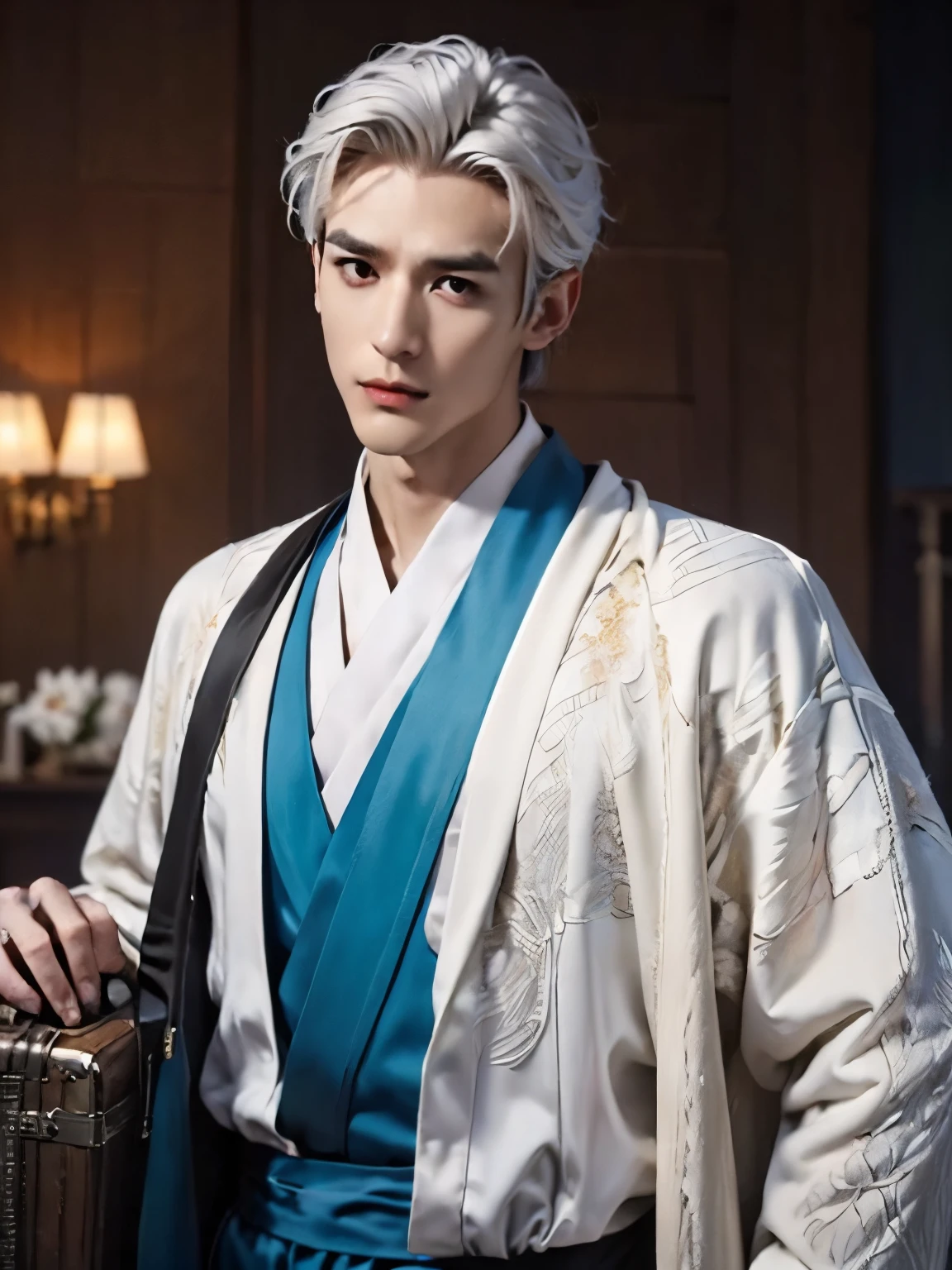  (male character design），（Messy flying white hair：1.2）, (long,Messy shawl hair：1.1），（The melancholy handsome Chinese man Lanling is flying with his suitcase：1.37），（Pan An wears modern and fashionable men&#39;s blue sweater suit pants：1.37），Pan An’s skin is fair and flawless，The bridge of his nose is high and straight，，（double eyelids, Bright Eyes, Big clear and bright eyes），sad prince，Food with red lips and white teeth，gentle melancholy，Pan An is tall and tall.，He has a strong physique，Toned muscles，Fresh and toned abs, His exquisite facial features，Kingly style， （Main color blue：0.8）