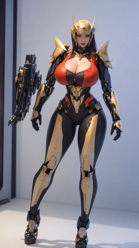 A BEAUTY GIRL WITH BLACK HAIR, (HYPER-REALISTIC:1.5), (PHOENIX GOLD HELM:1), (EXPOSE HUGE FAKE BREAST:1.5), ((CLEAVAGE:1.5)), (MUSCLE ABS:1.5), (MECHA GUARD ARMS:1.5), (RED SHINY FUTURISTIC MECHA CROP TOP, BLACK MECHA SKINTIGHT LEGGINGS, WHITE MECHA GUARD ...