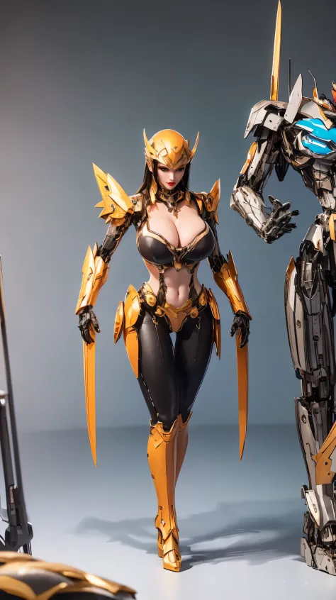 A BEAUTY GIRL WITH BLACK HAIR, (HYPER-REALISTIC:1.5), (PHOENIX GOLD HELM:1), (EXPOSE HUGE FAKE BREAST:1.5), ((CLEAVAGE:1.5)), (MUSCLE ABS:1.5), (MECHA GUARD ARMS:1.5), (RED SHINY FUTURISTIC MECHA CROP TOP, BLACK MECHA SKINTIGHT LEGGINGS, WHITE MECHA GUARD ...