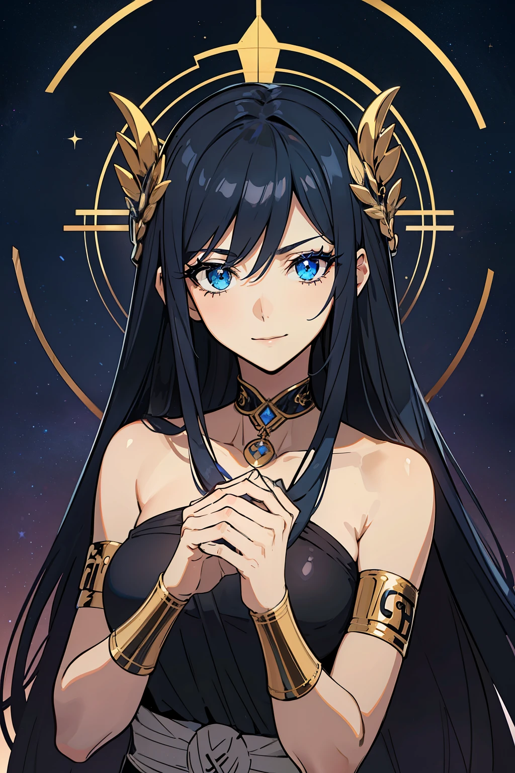(high-quality, breathtaking),(expressive eyes, perfect face) 1girl, girl, solo, adult, white color hair, glowing hair, constellations on skin, stars in hair, long black dress, sleeveless, armband on left arm, white coloured eyes, byakugan eyes, stylised hair, gentle smile, long length hair, loose hair, side bangs, soft wavey hair, looking at viewer, portrait, ancient greek clothes, blue black and tunic, greek, blue and black sash, darkness inspired background, related to Nyx, elegent, regal, beautiful, a shaul of darkness decorated with stars, Greek Myth, soft make up, cosmos, starlight, goddess of the night, holding skull in hand
