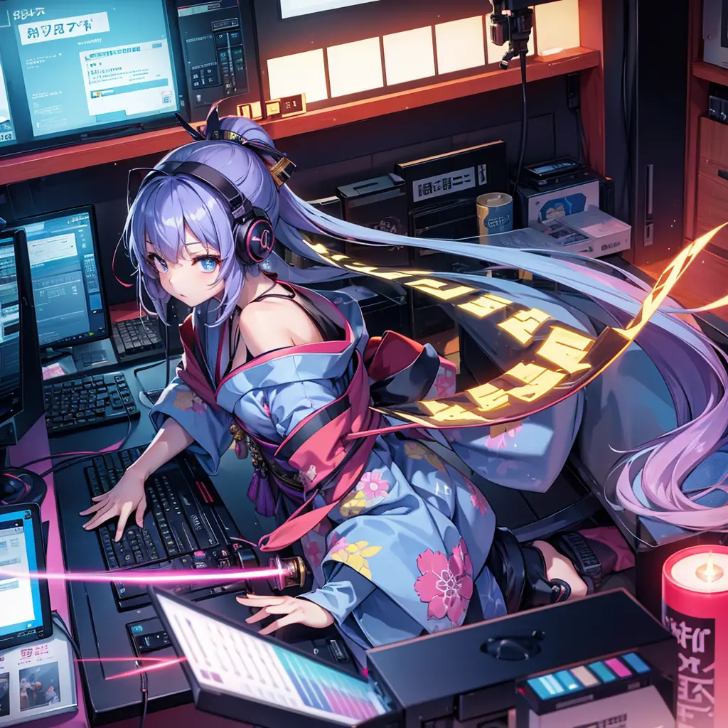 computer世界の風景、colorful kimono、one girl、headphones、（arms、Katana、have a weapon）、like the photo、sparkling、computer、