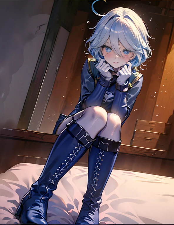 highest quality,sleep on your back in bed，Crab crotch，show me your boots，thigh high boots，leotardチラ見せ，glove，elegant, 1 girl, leotard，body suit，cute, blushed, looking at the viewer, from below, prison，blue eyes, beautiful eyes, beautiful background, particles of light, Light of the sun, dramatic lighting, outside, shiny, realistic, table top, highest quality, Super detailed, get used to it, scenery, beautiful and detailed eyes, thin hair，full body shot，