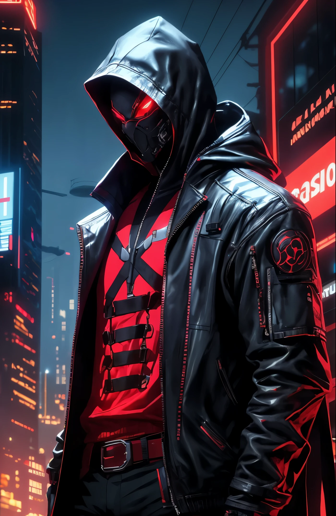 Мужчина в яркой куртке и черных брюках стоит в темной комнате, носить темный культовый плащ, красные глаза, костюм темного цвета, Персонаж Mortal Kombat, как персонаж из Теккена, персонаж файтинга, киберпанк-убийца, волшебник с черным капюшоном, одежда киберпанк, темная одежда, Черный ниндзя, носить кожаные доспехи убийцы, дерзкий подросток-убийца, крутая темная куртка, киберпанк уличный приспешник