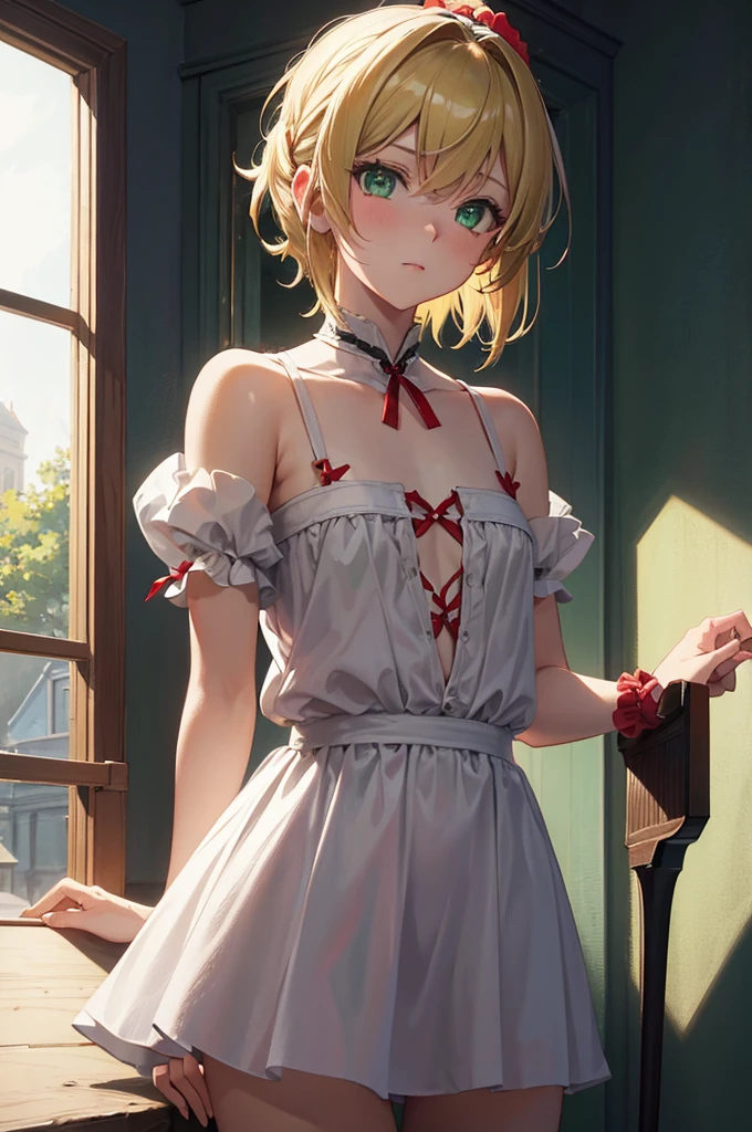 1 girl, fgomordred, modred, (green eyes:1.5), blonde hair, ponytail, short hair, scrunchie, red scrunchie, hair scrunchie, (small chest:1.2), BREAK blonde hair, white camisole,camisole, stading, BREAK looking at viewer, BREAK bedroom, BREAK (masterpiece:1.2), best quality, high resolution , unity 8k wallpaper, (artwork: 0.8), (beautiful detailed eyes: 1.6), extremely detailed face, perfect lighting, extremely detailed CG (perfect hands, perfect anatomy),camisole