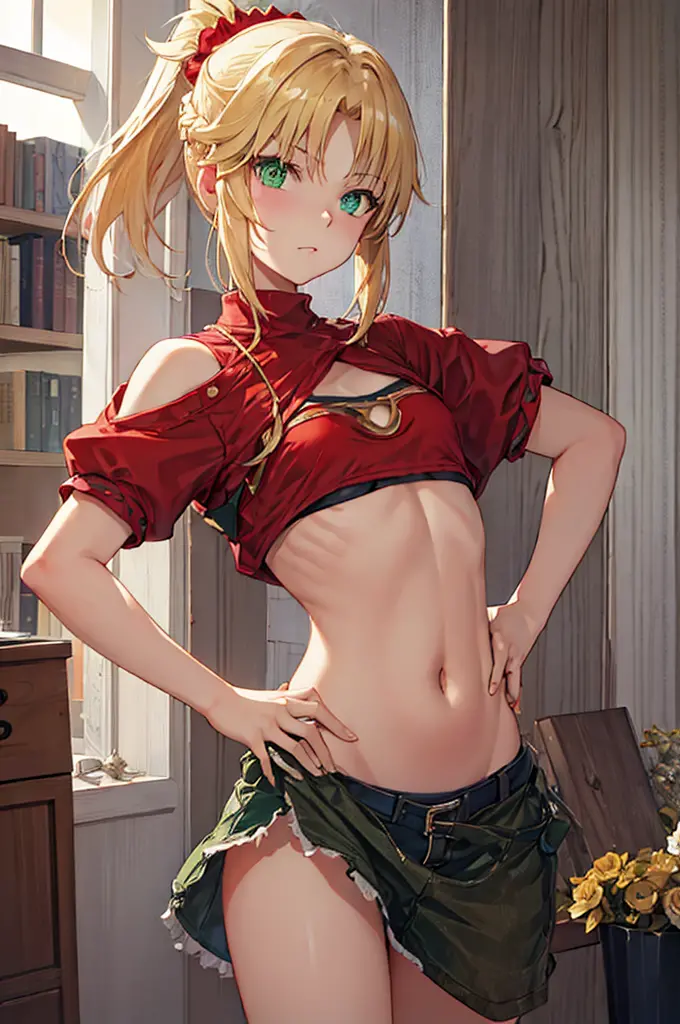 1 girl, fgomordred, modred, (green eyes:1.5), blonde hair, ponytail, short hair, scrunchie, red scrunchie, hair scrunchie, (smal...