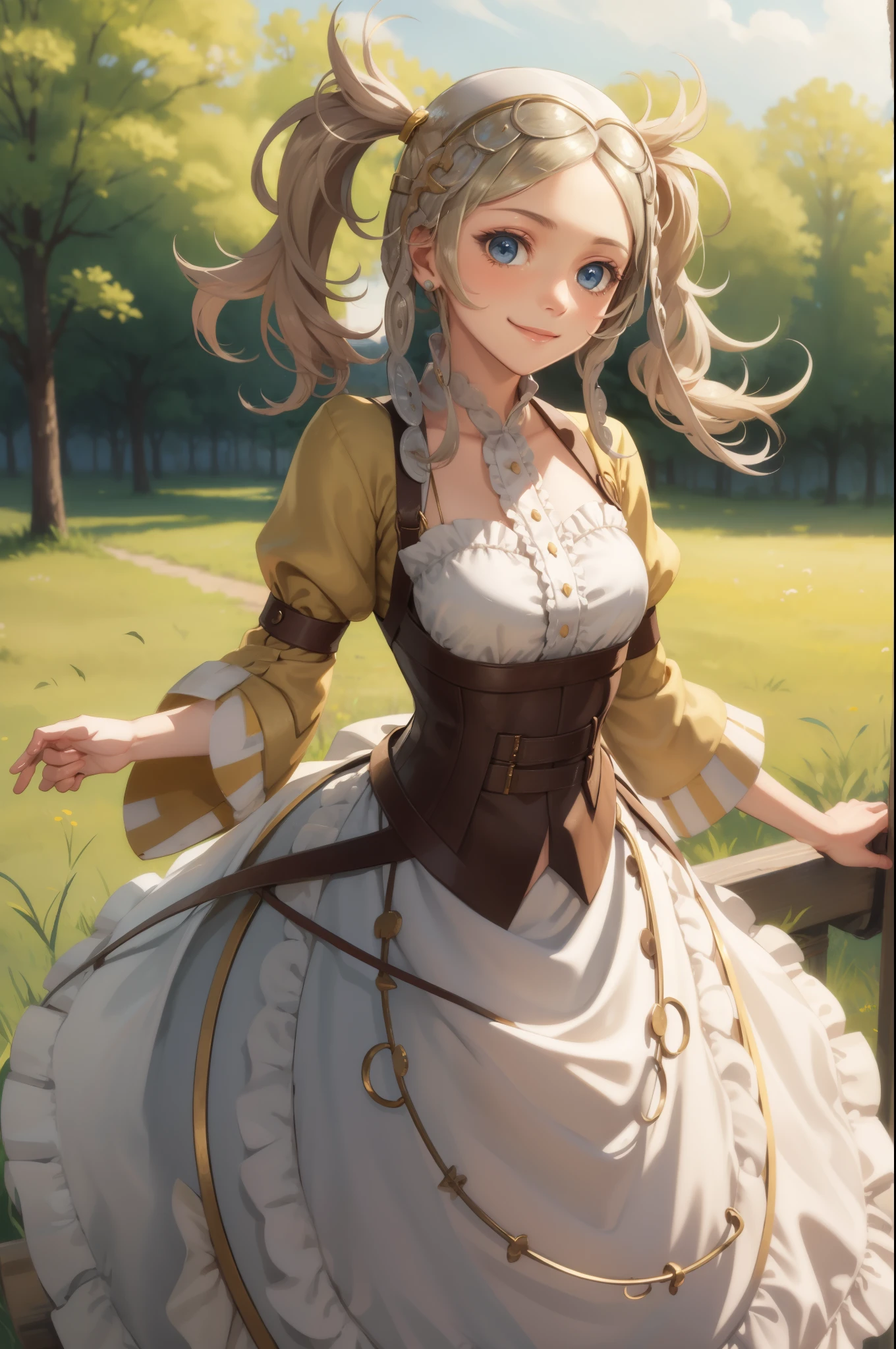 masterpiece, best quality, lissa, hair ornament, bonnet, cowboy shot, upper body, smile, looking at viewer, field, trees 