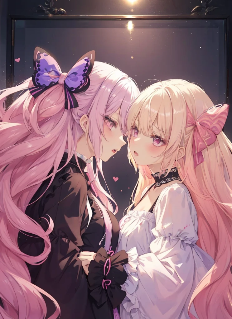 2 Mädchen,Eines ist ein Harajuku-Mädchen mit blonden Haaren und roten Augen. Zu ihrer Rechten ist ein Mädchen im Lolita-Stil mit weißem Haar und violetten Augen. Sie ist verträumt, Süß und cool. (Meisterwerk, beste Qualität:1.2) Bunte rosa und lila Liebe rosa Blasen küssen frisch