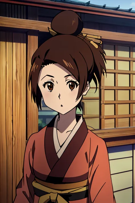 champloo masterpiece, best quality, 1girl, solo, tree, hair ornament, japanese clothes, single hair bun, hair bun, brown hair, east asian architecture, kimono, architecture, hair stick, outdoors, house, looking at viewer, anime coloring, upper body, short ...